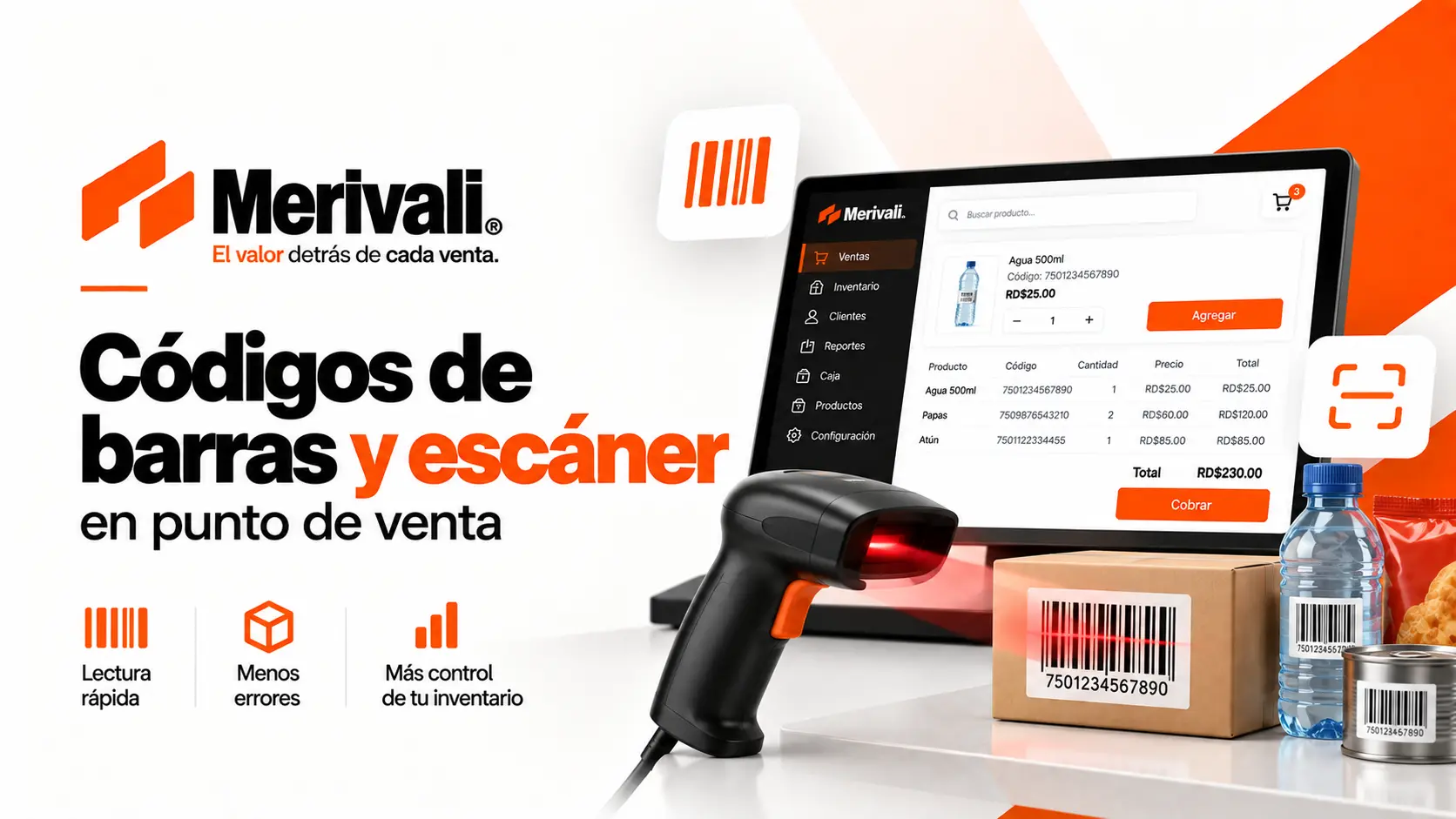Códigos de barras y escáner en el punto de venta Merivali para control de inventario