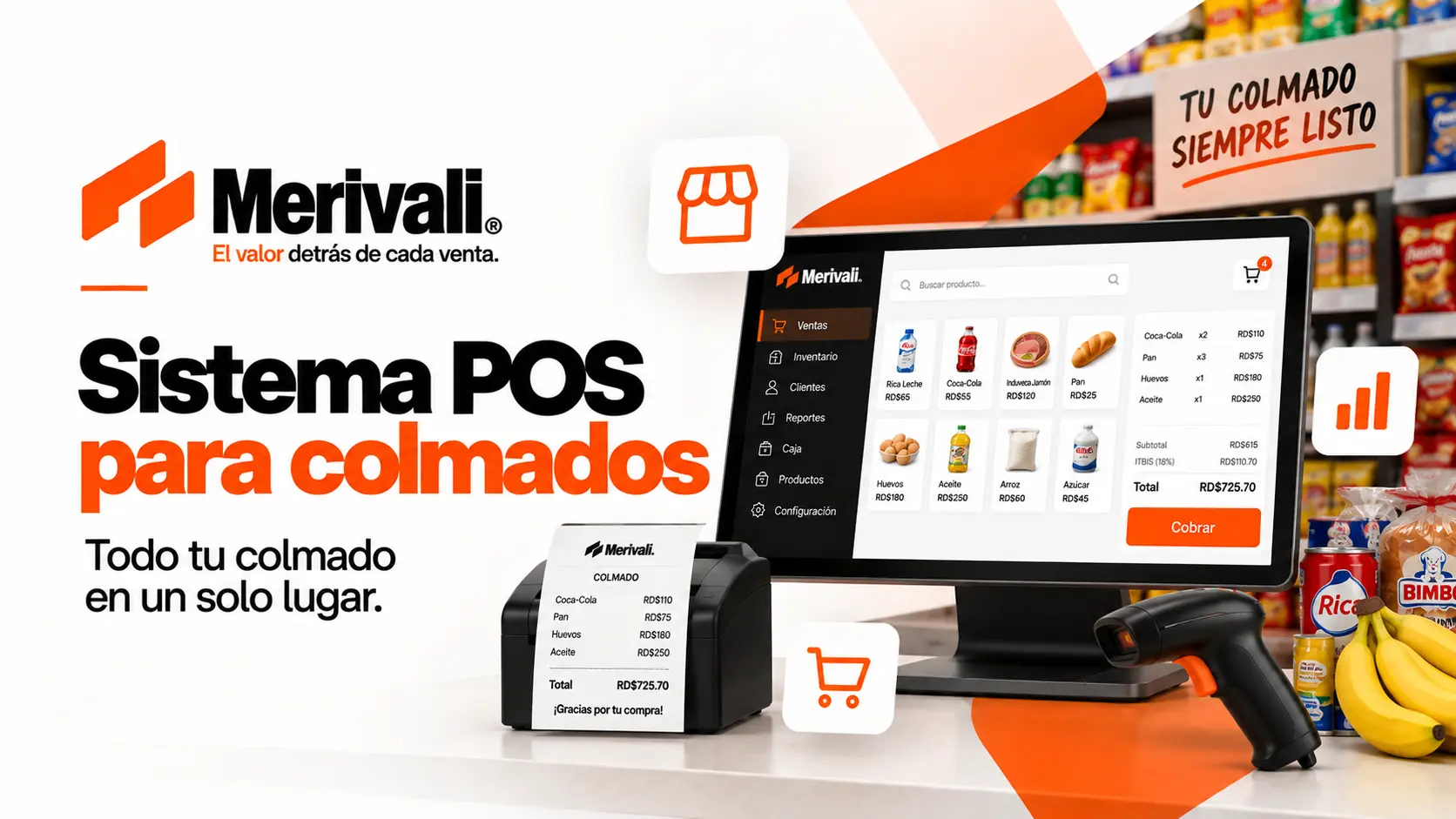 Sistema POS Merivali para colmados con pantalla táctil, impresora de tickets y lector de códigos